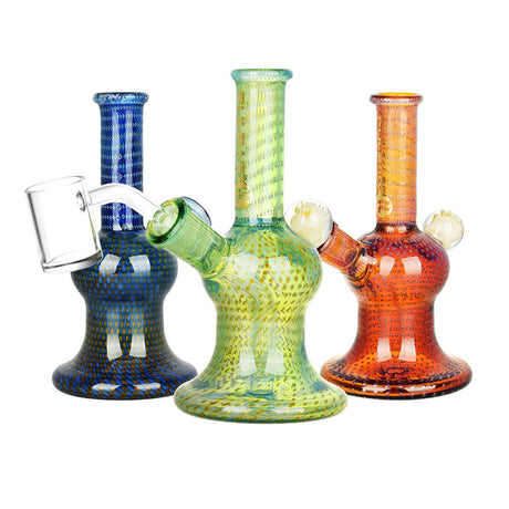 Pulsar Blooming Bubble Matrix Mini Dab Rigs in blue, green, and orange with bangers, front view