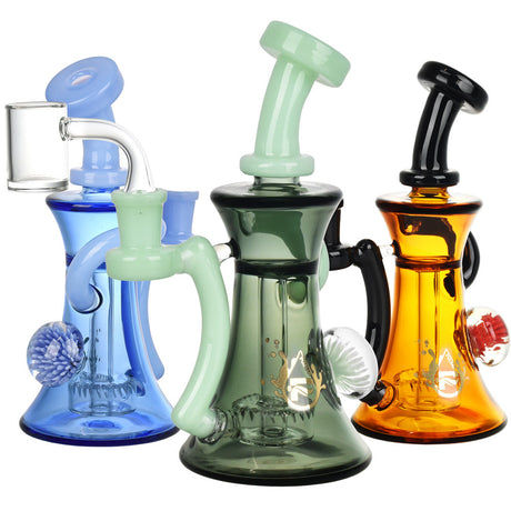 Pulsar Blossom Recycler Dab Rigs in assorted colors with bangers, front view on white background