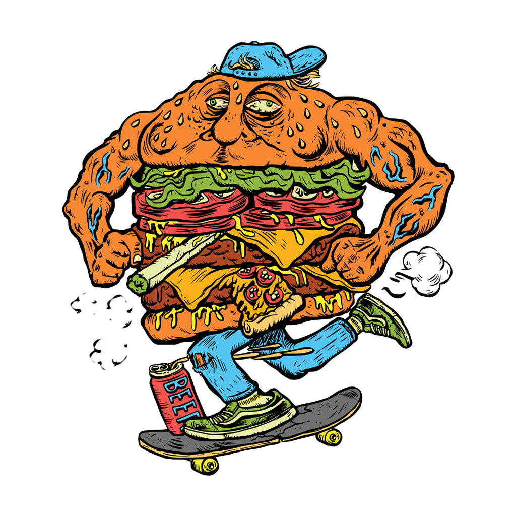 Pulsar Skateburger Water Pipe illustration, vibrant colors on white background, front view