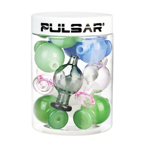 Assorted Pulsar Bubble Carb Caps, 12 Pack, in various colors displayed in a clear container