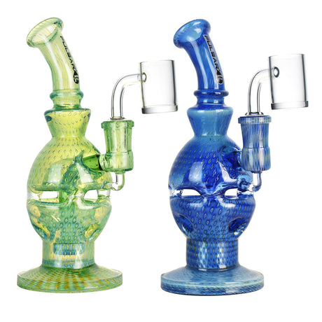 Pulsar Bubble Egg Portal Dab Rigs in green and blue, 7-inch Borosilicate Glass, side view