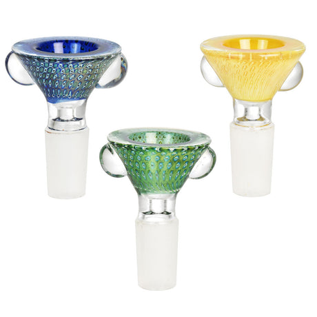 Pulsar Bubble Matrix Cone Herb Bowls in blue, yellow, and green, 14mm female joint, front view