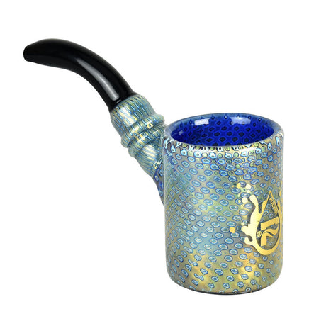 Pulsar Bubble Matrix Hand Pipe, Borosilicate Glass, Side View with Blue Honeycomb Pattern