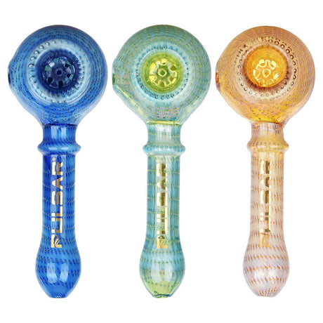 Pulsar Bubble Matrix Honeypot Spoon Pipes in blue, green, and amber borosilicate glass