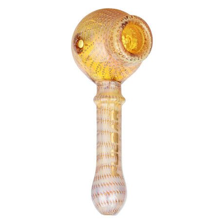 Pulsar Bubble Matrix Honeypot Spoon Pipe with intricate glass design, front view on white background