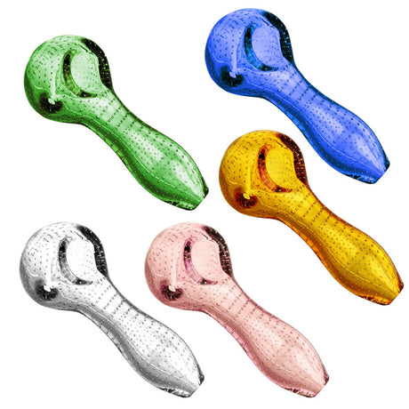 Assorted Pulsar Bubble Matrix Spoon Pipes in vibrant colors, 4" borosilicate glass, angled view