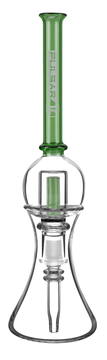 Pulsar Bubble Vapor Vessel with green quartz tip and clear stand, compact design for concentrates