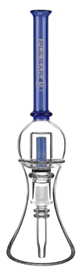 Pulsar Bubble Vapor Vessel with blue quartz tip and clear stand, portable design, front view