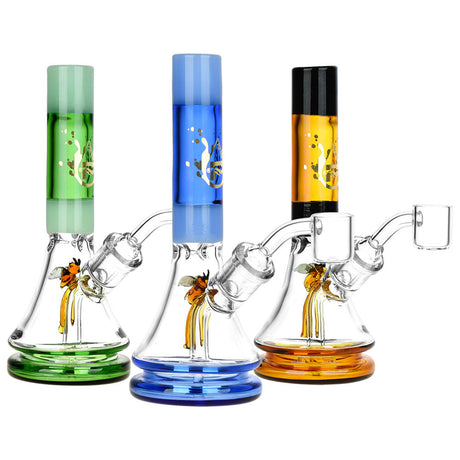 Pulsar Buzzed Bee Mini Rigs in green, blue, and amber with beaker design and banger, front view