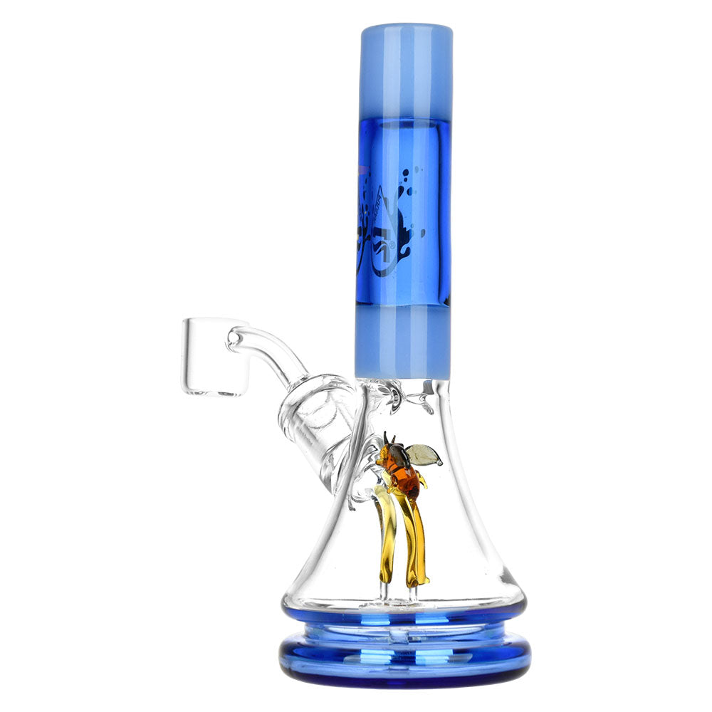 Pulsar Buzzed Bee Mini Rig with Beaker Design, 6.75" Tall, 14mm Female Joint on White Background