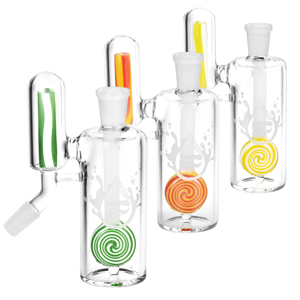 Pulsar Candy Lolli "No Ash" Ash Catcher 14mm with colorful swirl designs, 45 Degree angle view