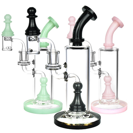 Pulsar Chess Pawn Dab Rig Set in various colors with quartz bangers and carb caps, front view