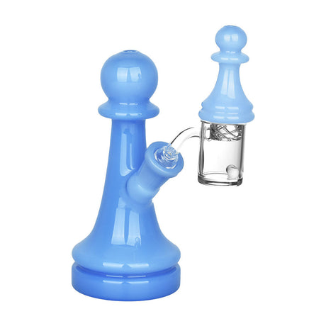 Pulsar Chess Pawn Dab Rig Set in blue borosilicate glass, 5.75" tall, 14mm female joint - angled view