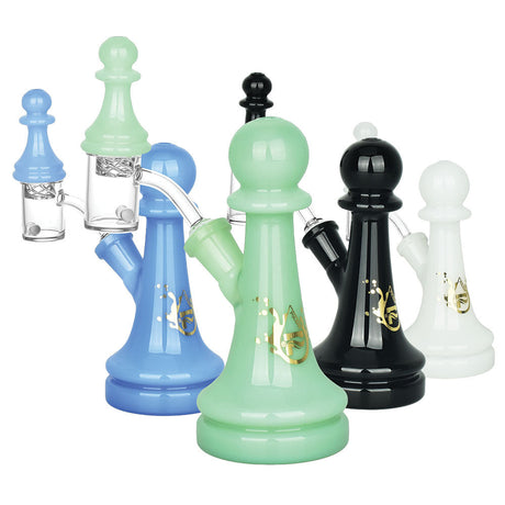 Pulsar Chess Pawn Dab Rigs in various colors with borosilicate glass, front view on white background