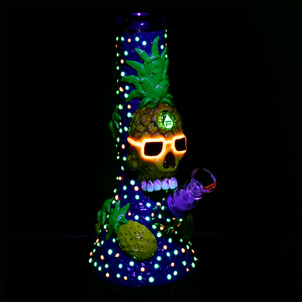 Pulsar Chill Pineapple Beaker Water Pipe with glow-in-the-dark features, front view on black background.