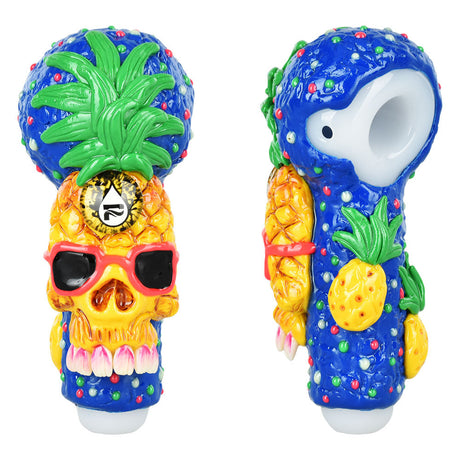 Pulsar Chill Pineapple Hand Pipe, front and side view, colorful borosilicate glass design