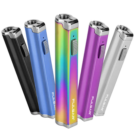 Assorted colors of Pulsar Clutch 510 VV Batteries for vaporizers, displayed side by side.
