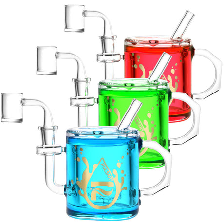 Pulsar Coffee Cup Glycerin Dab Rigs in blue, green, and red with disc percolators