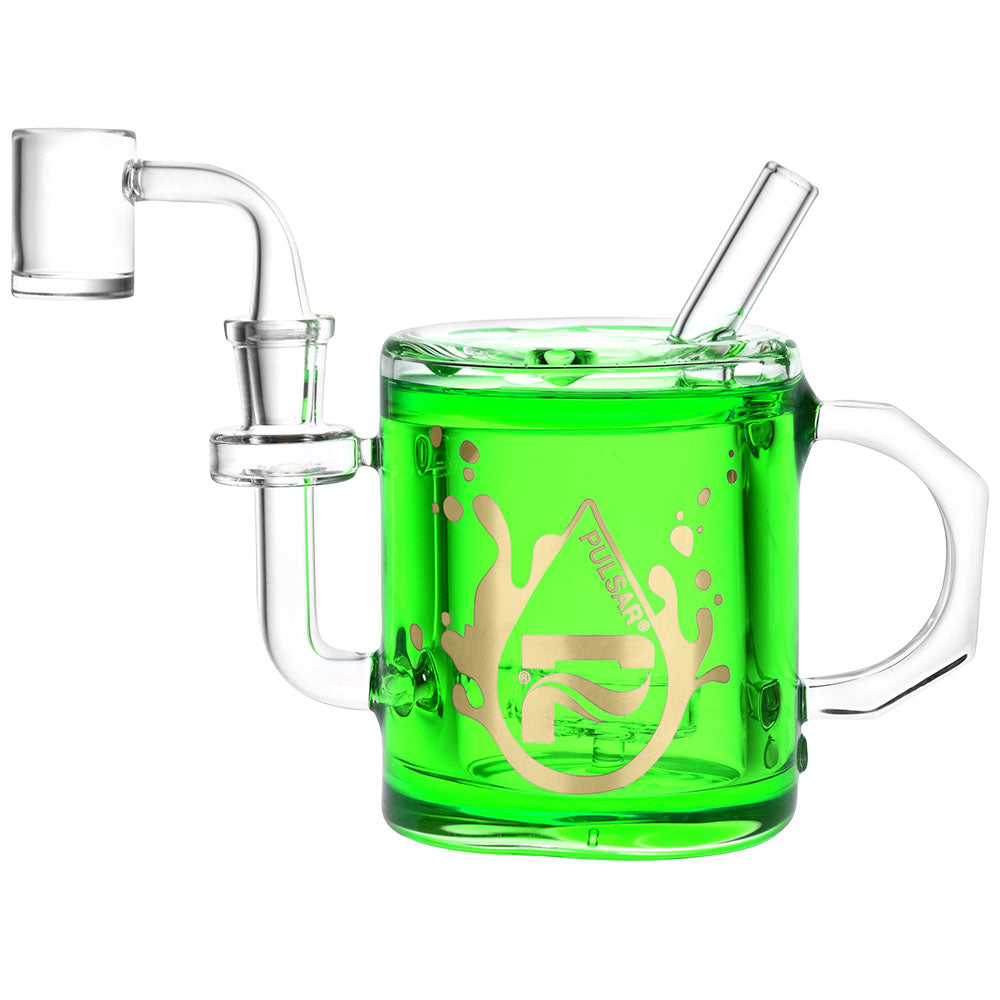 Pulsar Coffee Cup Glycerin Dab Rig with green liquid, disc percolator, and 14mm female joint