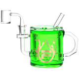 Pulsar Coffee Cup Glycerin Dab Rig with green liquid, disc percolator, and 14mm female joint