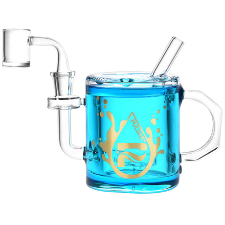 Pulsar Coffee Cup Glycerin Dab Rig, 6 inch, with blue glycerin and disc percolator, front view on white