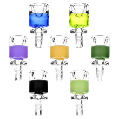 Assorted Pulsar Colored Glass Herb Slides in various sizes for bongs, front view on white background