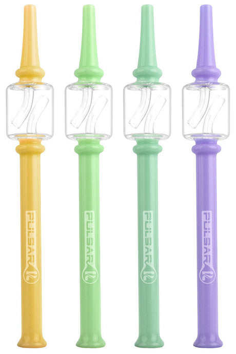 Pulsar Borosilicate Glass Dab Straws in Yellow, Green, and Purple - Front View