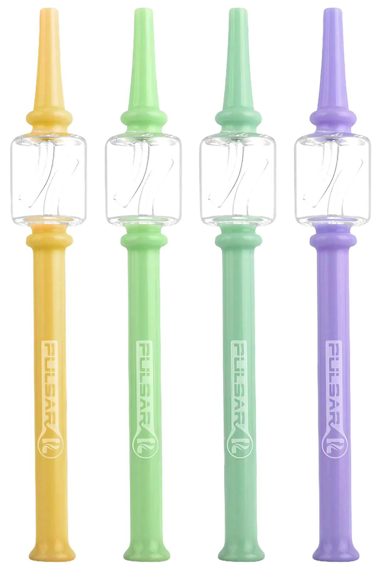 Pulsar Borosilicate Glass Dab Straws in Yellow, Green, Purple - Front View for Concentrates