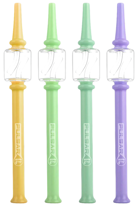 Pulsar Borosilicate Glass Dab Straws in Yellow, Green, Purple - Front View for Concentrates