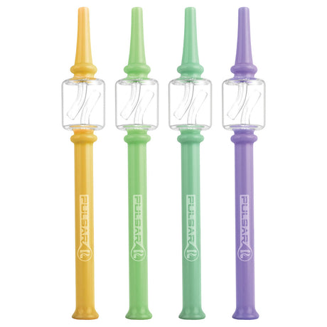 Pulsar 8" Glass Dab Straws in yellow, green, and purple, front view on white background
