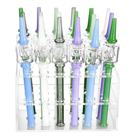 Pulsar 8" Glass Vapor Straws in various colors displayed in a clear stand, front view