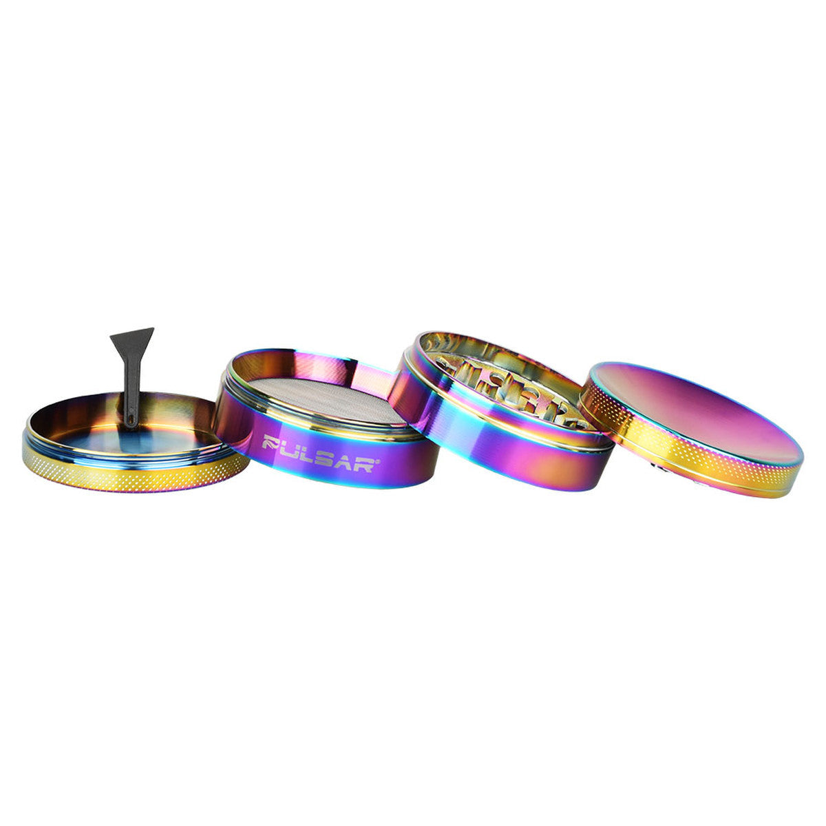 Pulsar 4-Piece Concave Grinder, 2.5" Diameter, Assorted Iridescent Colors, Angled View