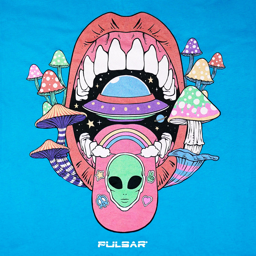 Pulsar Cotton T-Shirt in Blue featuring a vibrant alien and mushroom design, size options available