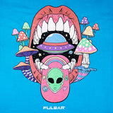 Pulsar Cotton T-Shirt in Blue featuring a vibrant alien and mushroom design, size options available