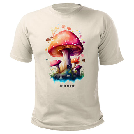 Pulsar Cotton T-Shirt in White featuring vibrant Shroom Vision graphic, size options available
