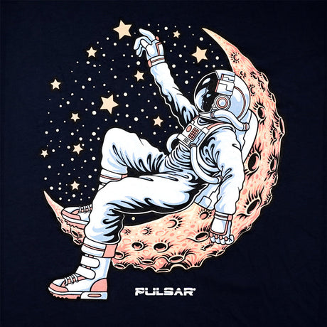 Pulsar Cotton T-Shirt in Blue featuring Star Reacher Astronaut Design, Unisex Fit - Front View