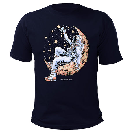 Pulsar Cotton T-Shirt in Blue featuring Star Reacher Astronaut Graphic, Unisex, Front View