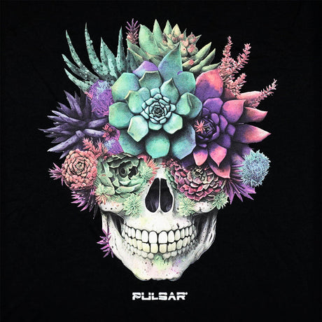 Pulsar Cotton T-Shirt in Black featuring a Succulent Smile Skull Design, Size Options Available