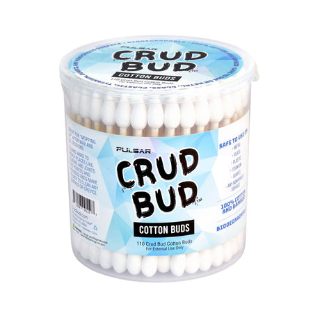 Pulsar Crud Bud Dual Tip Cotton Buds 110pc in a clear tub, front view on a white background