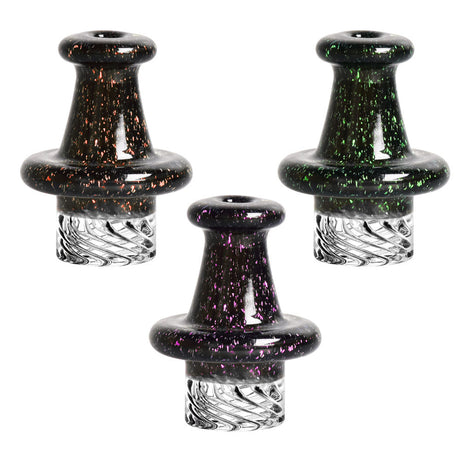 Pulsar Crushed Opal Dichro Helix Carb Caps in various colors with intricate designs, made of borosilicate glass