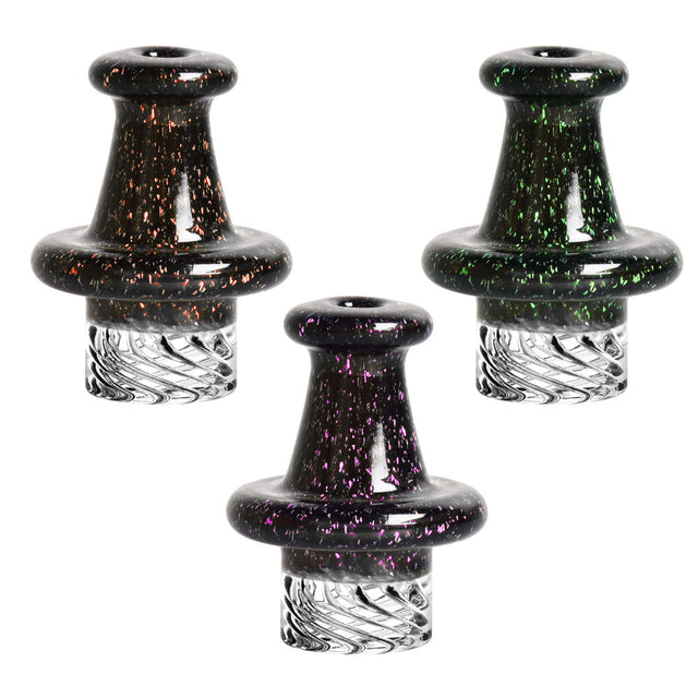 Pulsar Crushed Opal Dichro Helix Carb Caps in various colors with intricate designs, made of borosilicate glass