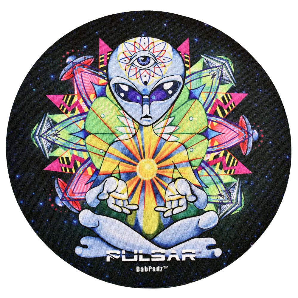 Pulsar DabPadz Dab Mat with colorful alien and geometric design, top view on white background