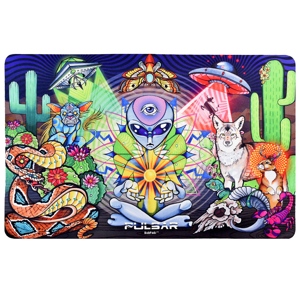 Pulsar DabPadz Dab Mat featuring vibrant psychedelic art, rubber material, top view