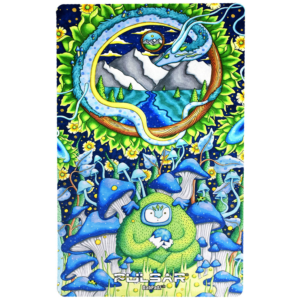 Pulsar DabPadz Dab Mat with vibrant psychedelic mushroom design, front view on white background