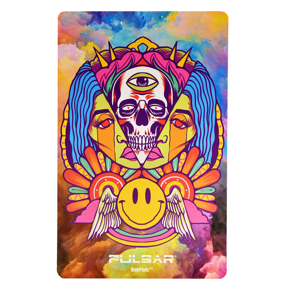 Pulsar DabPadz Dab Mat with colorful psychedelic skull design, made of rubber, top view