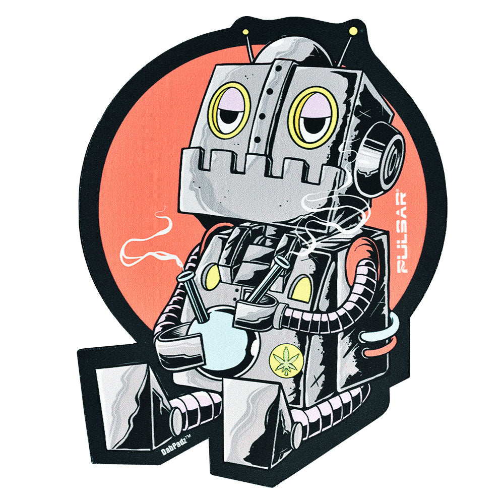 Pulsar DabPadz Dab Mat with quirky robot design, made of durable rubber, ideal for dab rig setup