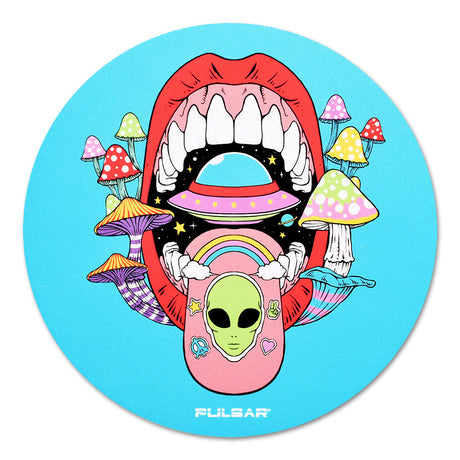Pulsar DabPadz Fabric Top Dab Mat featuring vibrant psychedelic design with mouth and mushrooms