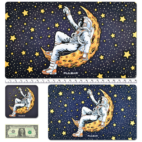 Pulsar DabPadz Star Reacher Dab Mat featuring astronaut and moon design, with size reference