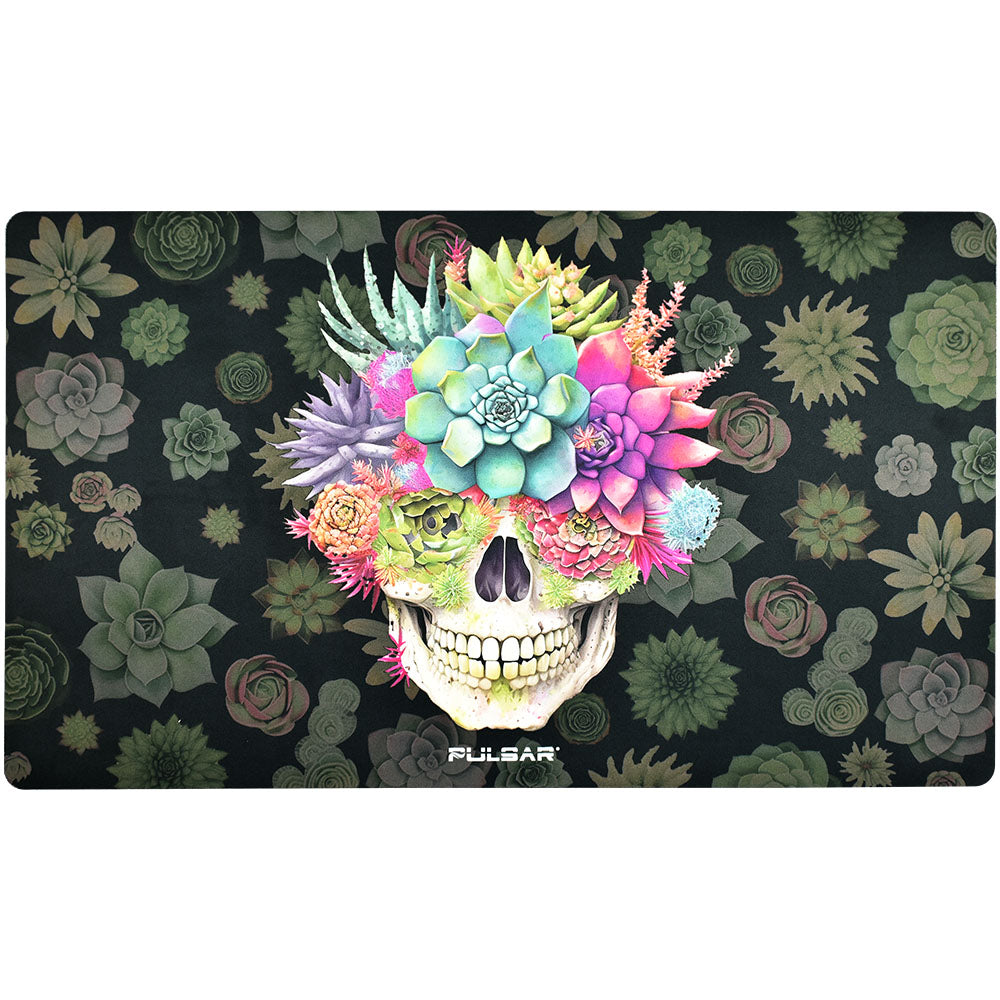 Pulsar DabPadz Fabric Top Dab Mat with colorful succulent skull design, perfect for dab rig setups