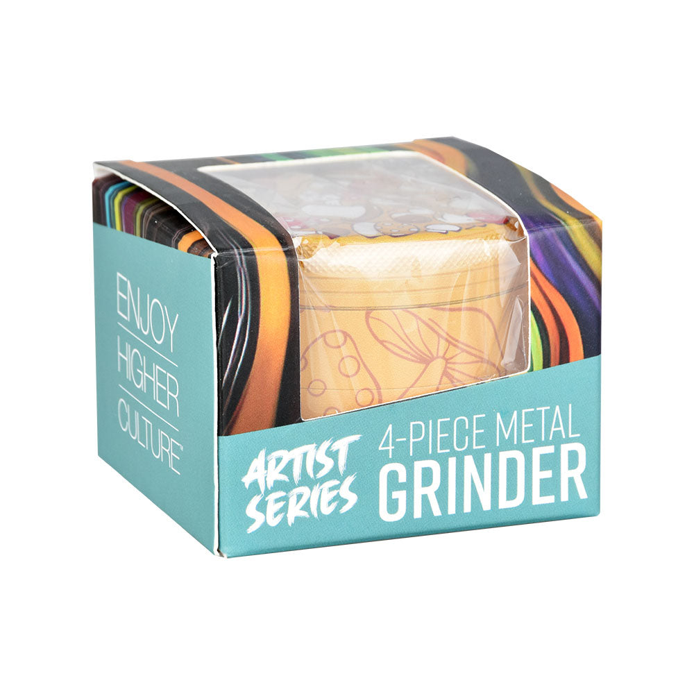 Pulsar Fungiside Design Series Grinder, 4pc, 2.5" with colorful side art, packaged view